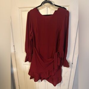 Ruffle Wrap Long-Sleeve Dress in Wine